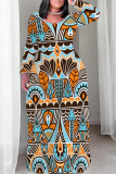 Yellow National Totem Print O Neck Long Sleeve Pocket Casual Outing Plus Size Straight Loose Maxi Dress