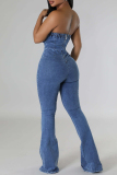 Dark Blue Skinny Cut Out Zipper Adjustable Belted Strapless Flare Leg Tube Denim Jumpsuits