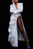 Green Deep V Neck Long Sleeve with Flared Cuffs Side High Slit Long Flowing Layer Ruched Maxi Dress