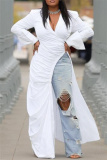 Green Deep V Neck Long Sleeve with Flared Cuffs Side High Slit Long Flowing Layer Ruched Maxi Dress