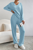 Black Casual Threaded V Neck Long Sleeve tops and Straight Leg Pants Knitted Two Pieces Matching Sets