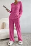 Black Casual Threaded V Neck Long Sleeve tops and Straight Leg Pants Knitted Two Pieces Matching Sets