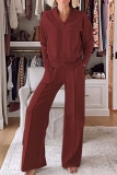 Wine Red Loose Casual V Neck Long Sleeve Sweatshirt and Wide Leg Pants Two Pieces Matching Sets