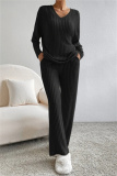 Black Casual Threaded V Neck Long Sleeve tops and Straight Leg Pants Knitted Two Pieces Matching Sets