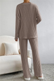 Black Casual Threaded V Neck Long Sleeve tops and Straight Leg Pants Knitted Two Pieces Matching Sets