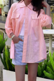Pink Loose Cotton And Linen Casual Buttons Turndown Collar Long Lantern Sleeve Tops Shirts