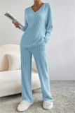 Black Casual Threaded V Neck Long Sleeve tops and Straight Leg Pants Knitted Two Pieces Matching Sets