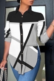 White Blue Casual Abstract Print Slit Button up Turndown Collar Long Sleeve Tops Shirts