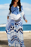 Blue Grey Butterfly Leopard Print V Neck Long Sleeve Casual Outings Vacation Straight Loose Boho Maxi Dress