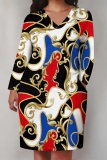 Red Blue Leopard Chain Print V Neck Long Sleeve Casual Outings Plus Size Straight Loose Midi Dress