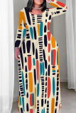 Blue Pink Graphic Print O Neck Long Sleeve Floor Length Casual Outings Loose Boho Maxi Dress