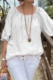 Yellow Loose Cotton And Linen Casual Round Neck Half Sleeve Tops Blouses