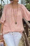 Yellow Loose Cotton And Linen Casual Round Neck Half Sleeve Tops Blouses