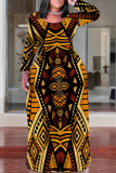 Yellow National Totem Print O Neck Long Sleeve Pocket Casual Outing Plus Size Straight Loose Maxi Dress