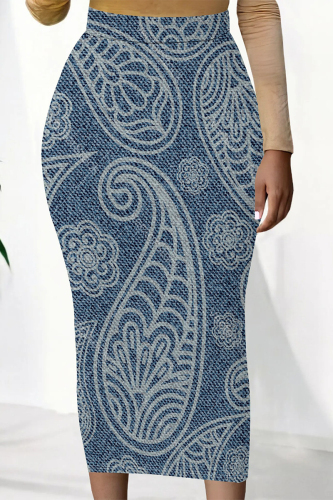 Light Blue Casual Faux Denim Print Colorblock Contrast High Waist Full Print Bottoms Wrap Skirts