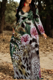 Blue Grey Butterfly Leopard Print V Neck Long Sleeve Casual Outings Vacation Straight Loose Boho Maxi Dress