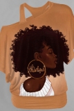 Brown Loose Casual Figure Print Oblique Collar One Cold Shoulder Short Sleeve T-Shirts Tops