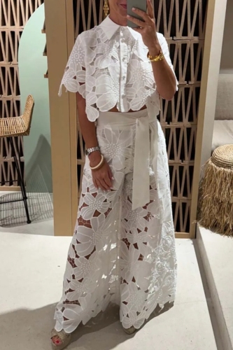 White Vacation Cut Out Buttons Turndown Collar Half Sleeve Tops and Belted Wide Leg Pants Two Pieces Sets