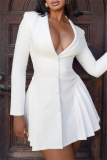 Black Turndown Collar Deep V Neck Long Sleeve Office Wear Pleated Hem Slim Fit Blazer Mini Dress