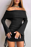 Black Off-Shoulder Bell Sleeve Ruched Drawstring BodyconRibbed Knit Mini Dress