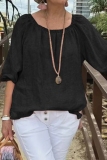Yellow Loose Cotton And Linen Casual Round Neck Half Sleeve Tops Blouses