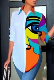 Brown Casual Striped Figure Abstract Print Slit Turndown Collar Long Sleeve Tops Shirts