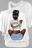 Brown Loose Casual Figure Print Oblique Collar One Cold Shoulder Short Sleeve T-Shirts Tops