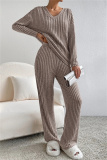 Black Casual Threaded V Neck Long Sleeve tops and Straight Leg Pants Knitted Two Pieces Matching Sets