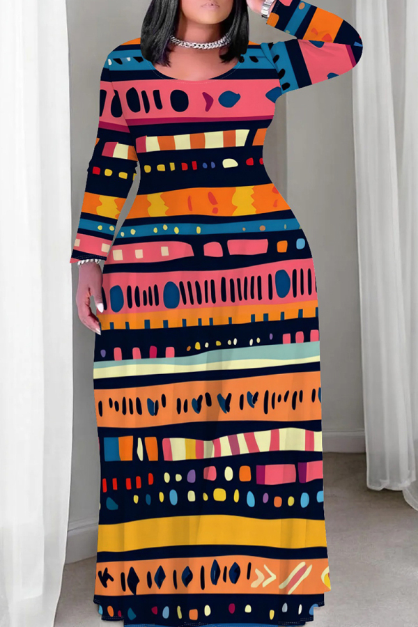 Blue Pink Graphic Print O Neck Long Sleeve Floor Length Casual Outings Loose Boho Maxi Dress