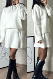 White Knitted Casual Round Neck Long Sleeve Tops and A-line Mini Skirts Sweater Two Pieces Sets