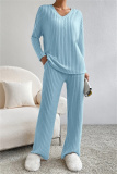 Black Casual Threaded V Neck Long Sleeve tops and Straight Leg Pants Knitted Two Pieces Matching Sets