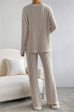 Black Casual Threaded V Neck Long Sleeve tops and Straight Leg Pants Knitted Two Pieces Matching Sets