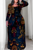 Yellow National Totem Print O Neck Long Sleeve Pocket Casual Outing Plus Size Straight Loose Maxi Dress