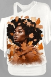 Khaki Loose Casual Figure Print Oblique Collar One Cold Shoulder Short Sleeve T-Shirts Tops
