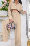 Khaki Woven Buttons Turndown Collar Long Sleeve Shirts and Drawstring Wide Leg Pants Two Pieces Matching Sets