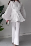 Purple Ruched Belted Round Neck Long Flare Sleeve Ruffled Hem Tops and Straight Leg Pants Two Pieces Sets