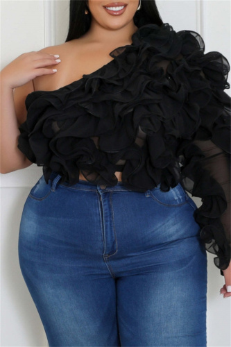 Black Oblique Collar Single Sleeve Plus Size Ruffle Mesh Chiffon Crop Top Black Oblique Collar Single Sleeve Plus Size Ruffle Mesh Chiffon Crop Top