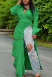 Green Deep V Neck Long Sleeve with Flared Cuffs Side High Slit Long Flowing Layer Ruched Maxi Dress