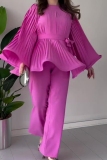 Purple Ruched Belted Round Neck Long Flare Sleeve Ruffled Hem Tops and Straight Leg Pants Two Pieces Sets