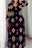 Blue Pink Graphic Print O Neck Long Sleeve Floor Length Casual Outings Loose Boho Maxi Dress