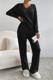 Black Casual Threaded V Neck Long Sleeve tops and Straight Leg Pants Knitted Two Pieces Matching Sets