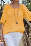 Yellow Loose Cotton And Linen Casual Round Neck Half Sleeve Tops Blouses