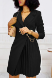 Black Turn-back Collar 3/4 Sleeve Waist Chain Decor Side Pleated Hem Office Wear Blazer Mini Dress