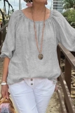 Yellow Loose Cotton And Linen Casual Round Neck Half Sleeve Tops Blouses