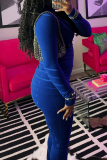 Blue Sportwear Pocket Zipper Collar Long Sleeve Jacket and Flare Leg Pants Two Pieces Sweatsuits Sets