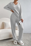 Black Casual Threaded V Neck Long Sleeve tops and Straight Leg Pants Knitted Two Pieces Matching Sets