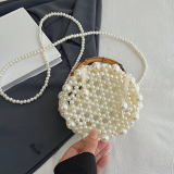 Off-white Casual Pearls Decor Woven Handbag Crossbody Bag