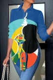 White Blue Casual Abstract Print Slit Button up Turndown Collar Long Sleeve Tops Shirts