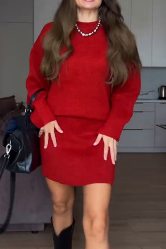 White Knitted Casual Round Neck Long Sleeve Tops and A-line Mini Skirts Sweater Two Pieces Sets