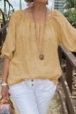 Yellow Loose Cotton And Linen Casual Round Neck Half Sleeve Tops Blouses